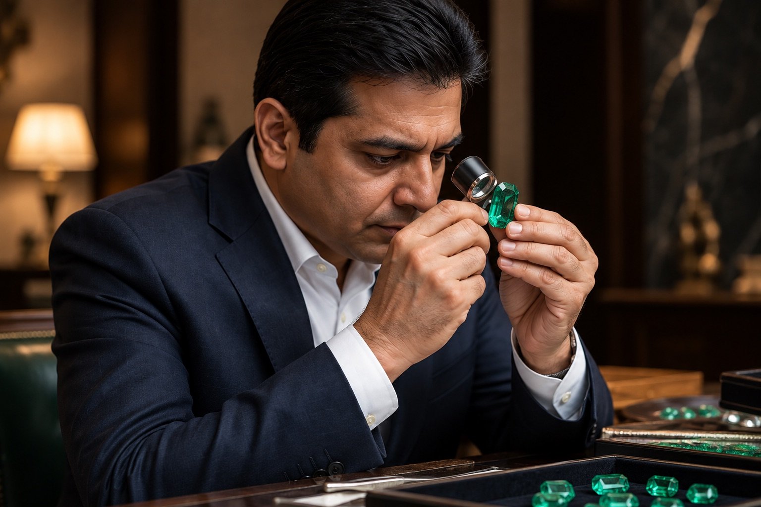 Gemologist examining an emerald with a loupe